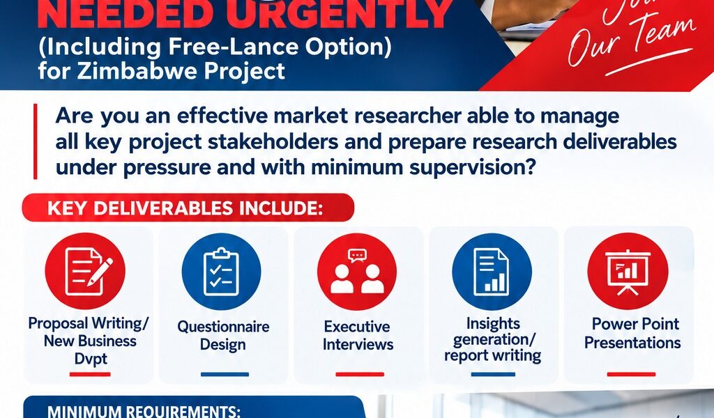 TRS recruitment poster seeking experienced project managers for a Zimbabwe market research project, with freelance opportunities available