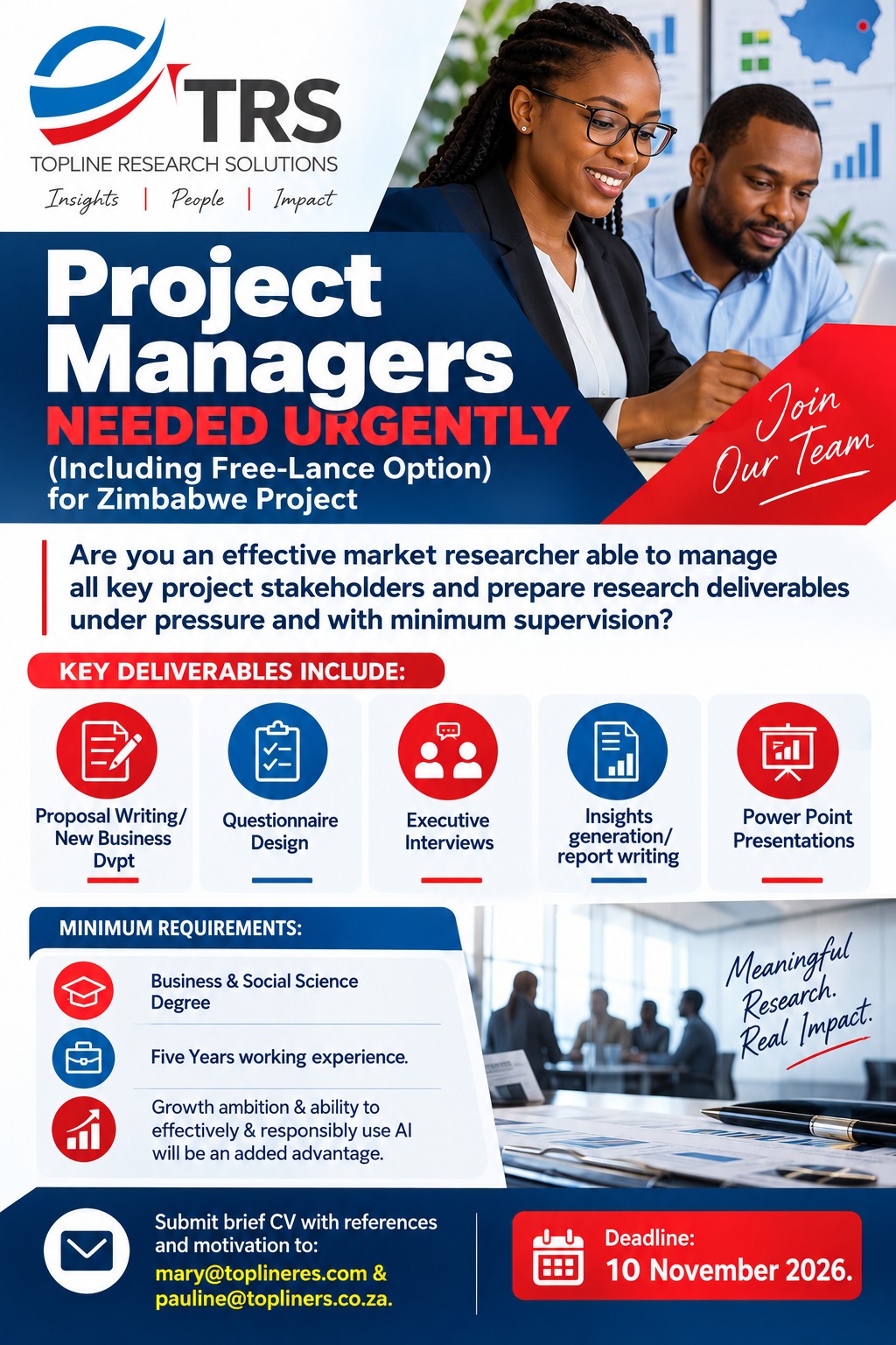 TRS recruitment poster seeking experienced project managers for a Zimbabwe market research project, with freelance opportunities available