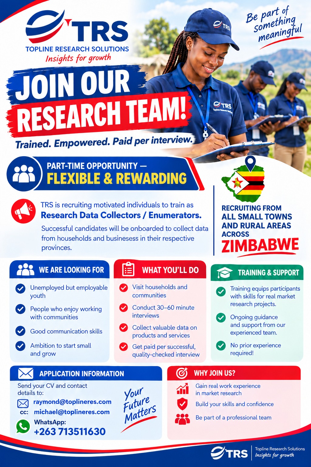 TRS recruitment flyer for research data collectors and enumerators across Zimbabwe
